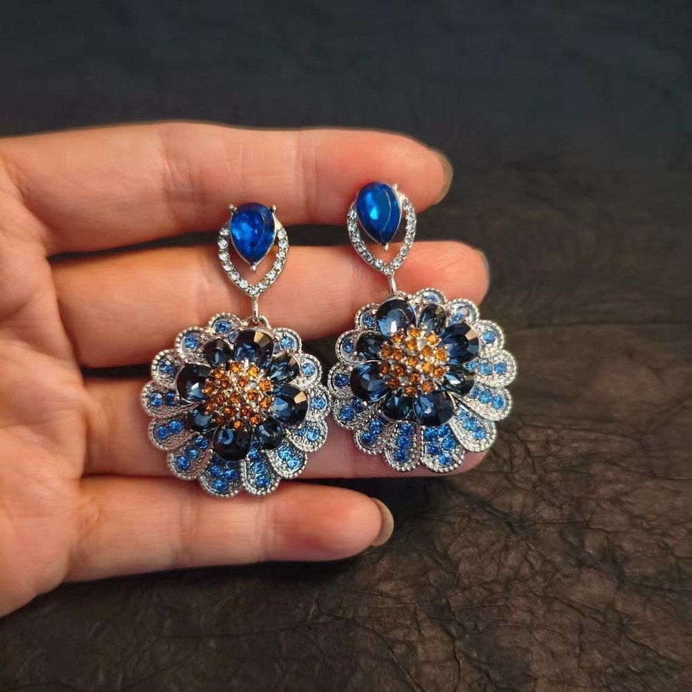 Blue Crystal Flower Drop Dangle Earrings Silver Tone Rhinestone Statement New